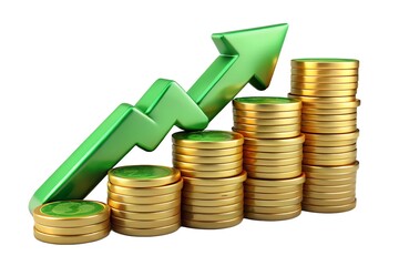 Green arrow rises above stacks of gold coins