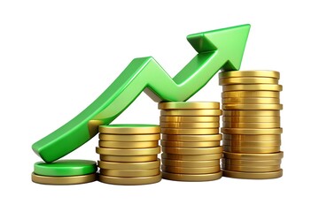 Green arrow graph rising above stacks of gold coins