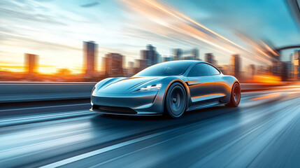 Futuristic sports car driving on a city road, driverless technology concept