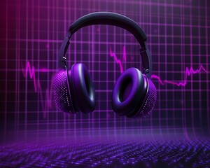 Floating headphone mock in futuristic grid layout violet lighting and digital soundwave