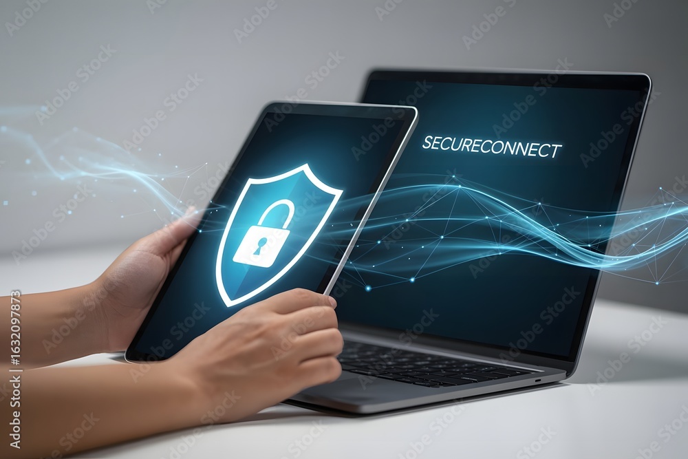 Poster digital security concept with a person holding a tablet displaying a shield icon and a laptop showin
