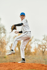 Obraz premium Teenage boy shows off pitching skills during baseball practice