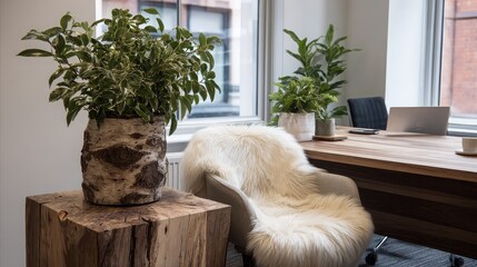 Indoor office space featuring a wooden desk plants and a chair with a white fur throw blanket