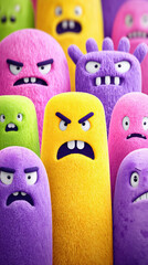 Terrible cartoon, Weird cartoon expressions featuring clashing colors and unique designs in a vibrant illustration.