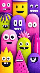 Terrible cartoon, Weird cartoon characters with expressive faces and vibrant clashing colors in a playful graphic design.