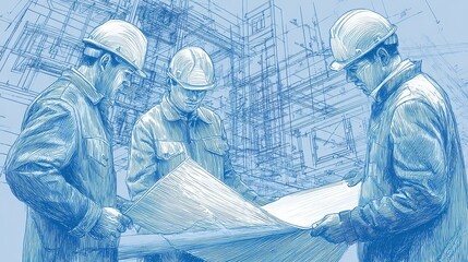 Three construction workers reviewing blueprints against a building architecture drawing design plan