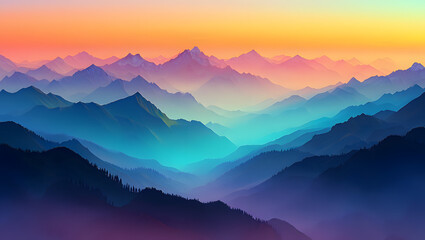 Obraz premium Morning sunlight illuminates a serene mountain landscape, as mist drifts through the valley below