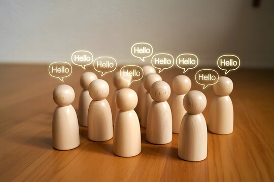 A diverse group of wooden peg people figures are clustered together with golden speech bubbles above their heads conveying a sense of community and shared communication