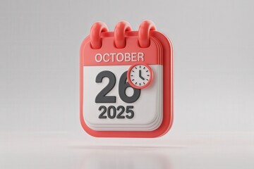 3D Calendar Icon Showing October 26, 2025 with Clock Symbol for Time Change Concept