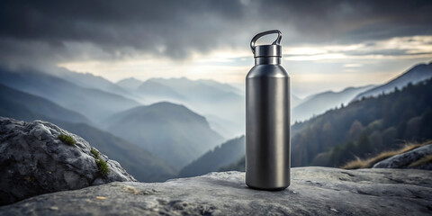 Reusable stainless steel water bottle standing on a rocky mountain peak with a dramatic cloudy sky and valley landscape
