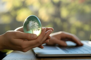 Close up of a person s hands holding a translucent green glass egg with a globe etched inside with a blurred background of greenery and sunlight and a keyboard in the foreground