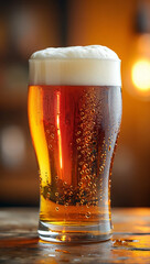 A close-up view of a glass of cold beer, showcasing a generous head of foam and condensation droplets on the glass.