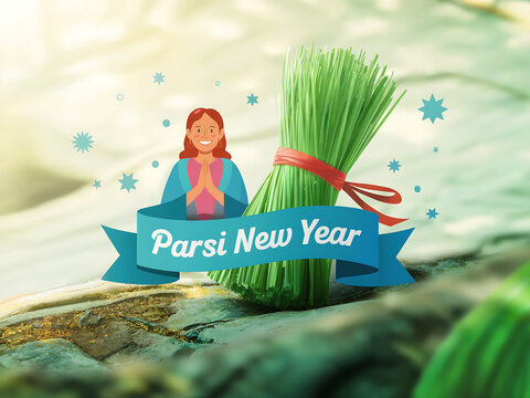 A parsi new year illustration with grass bundle, ribbon, and welcoming woman graphic element