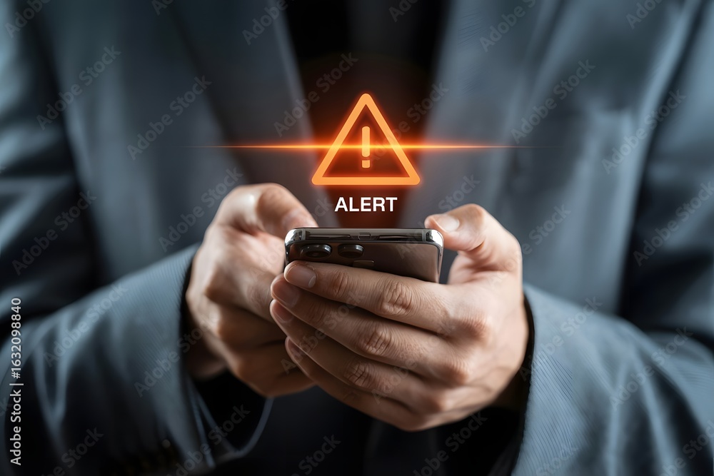 Poster close up of a person holding a smartphone with a glowing orange triangular warning alert symbol and 