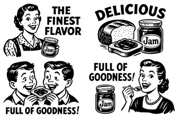 People enjoying jam with toast in retro comic food ad style, Transparent Background