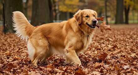 Happy Golden Dog Running with Brown Leaf in Autumn Park