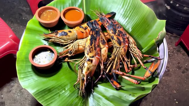 A plate of grilled river prawns placed on banana leaves with dipping sauce in clay bowls. red plastic chairs and steam haze fill the midground.