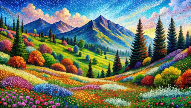 Pointilist Mountain Landscape, Vibrant Wildflowers, 1968 Aesthetic