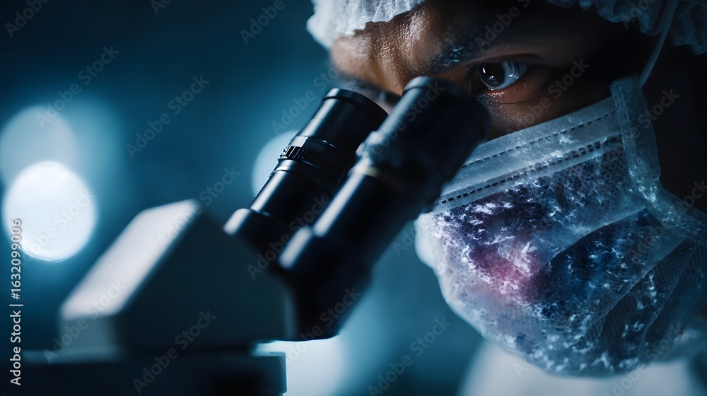Poster scientist studying cell structure under microscope in research lab