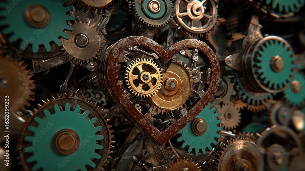 Poster heart made of gears and cogs in a steampunk style background
