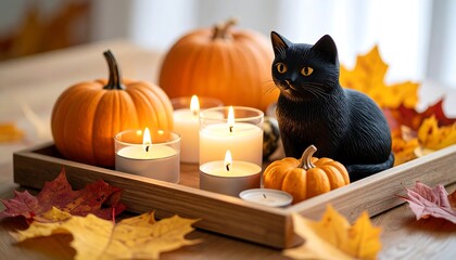 Halloween Decorations: Black Cat, Pumpkins, Candles, and Autumn Leaves Arrangement
