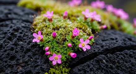 Life from Stone: Delicate Pink Flowers and Dew-Kissed Moss Growing from a Volcanic Rock







