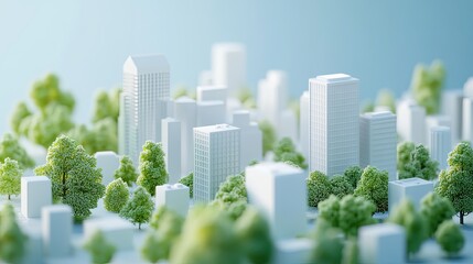 3D isometric rendering of a city landscape featuring trees and buildings in the background, a blue sky, and a color palette of white and green.