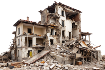 destroyed buildings after earthquake isolated - on a white background as transparent PNG. GENERATIVE AI