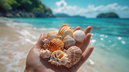 手のひらに乗せた貝殻と南国の海“Seashells in Hand with a Tropical Ocean View”
