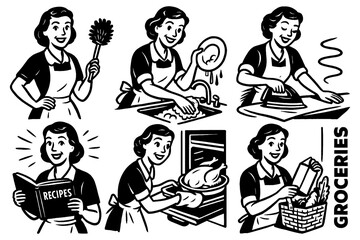 Housewife doing daily chores and home tasks in retro comic style, Transparent Background