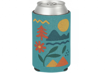Soda can with nature-inspired design in cozy koozie on transparent background