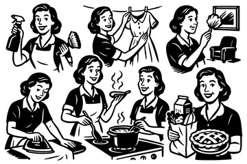 Housewife doing daily chores and home tasks in retro comic style, Transparent Background