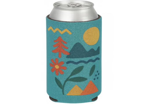 Soda can with nature-inspired design in cozy koozie on transparent background