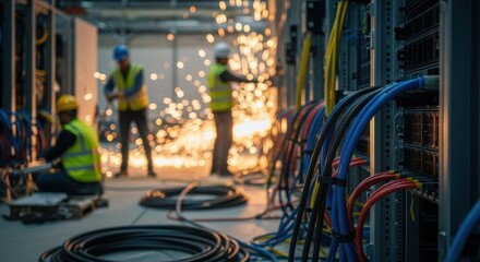 Artificial intelligence data center under construction with heavyduty network cables and server enclosures being installed by specialized staff.