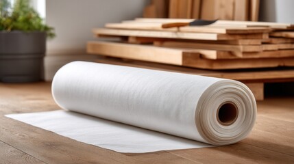 Roll of white fabric on hardwood floor in woodworking studio.