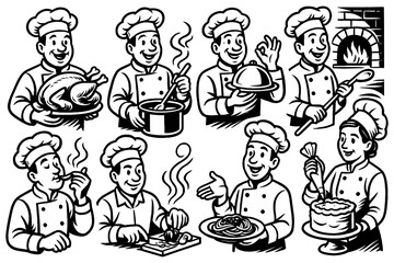 Chefs preparing and presenting food in retro comic kitchen style, Transparent Background