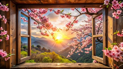 Fototapeta premium Spring Mountain View Through Window - Cherry Blossoms in Bloom