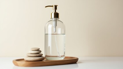 Clear glass bottle with pump dispenser and stacked stones on wooden tray.