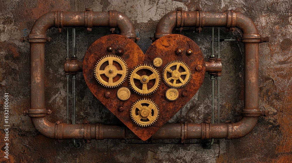 Poster rustic heart shape with gears and pipes on textured background