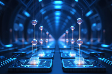 Futuristic digital data flow through glowing blue circuitry