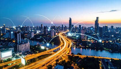 Fototapeta premium Futuristic Cityscape with Network Connections at Night
