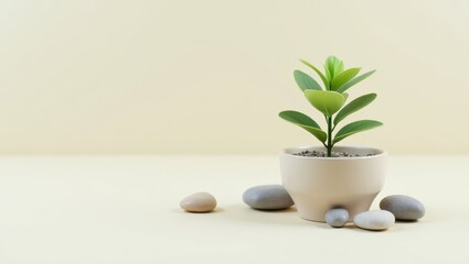 Small potted plant and stones on a pale background.