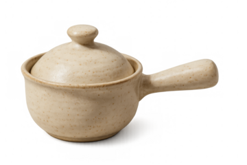 Beige ceramic cooking pot with lid and handle on transparent background