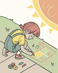 Cute child drawing tic tac toe with chalk on sidewalk in sunny summer day vector illustration