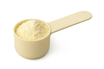 Plastic measuring spoon containing milk powder on transparent background