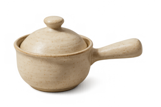 Beige ceramic cooking pot with lid and handle on transparent background