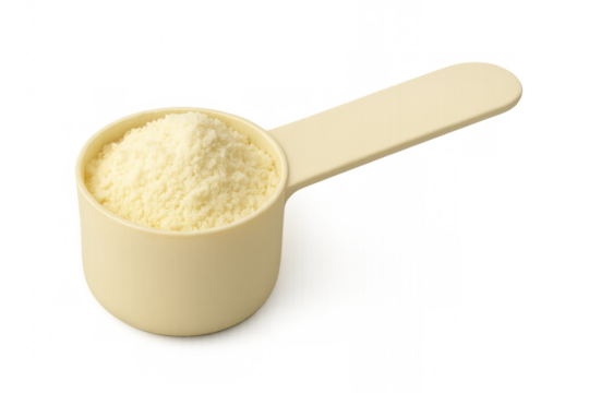 Plastic measuring spoon containing milk powder on transparent background