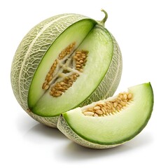 Lilliput Melon Petite and Playful Mini Melon with Bright Green Stripes and Smooth Skin, Bursting with Freshness and Whimsy on a Clean White Background for a Charming Visual Appeal