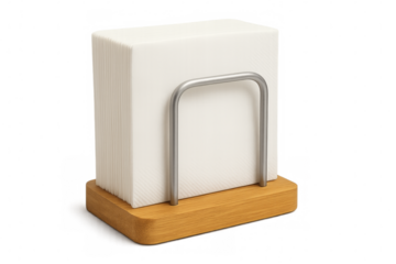 White paper napkins on wooden napkin holder with metal support on transparent background