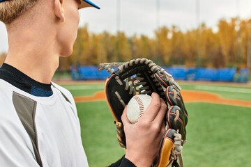 Talented teenage boy prepares to pitch on a vibrant baseball field at twilight